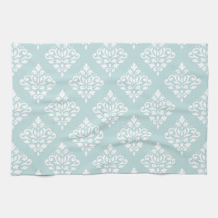 Scroll Damask Ptn (2) White on Duck Egg Blue (B) Kitchen Towel