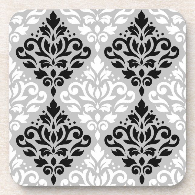 Scroll Damask Ptn B&W on Grey Coaster (Front)