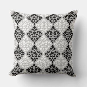 Scroll Damask Ptn B&W on Grey Throw Pillow