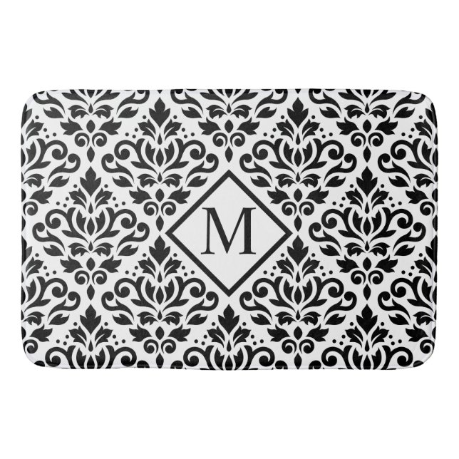 Scroll Damask Ptn Black on White (Personalized) Bath Mat (Front)