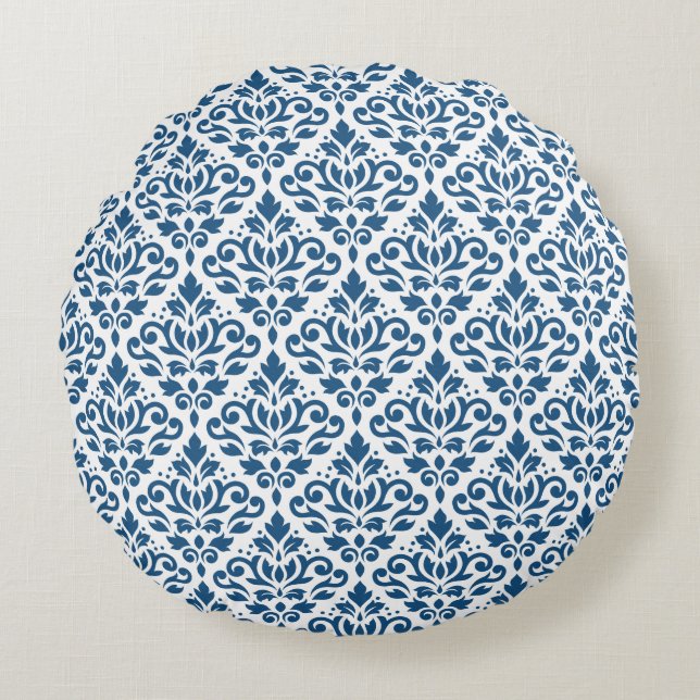 Scroll Damask Ptn Dk Blue on White Round Pillow (Front)