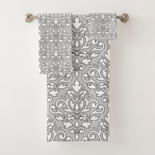 Scroll Damask Ptn Mix White (Black line) Grey Bath Towel Set