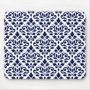 Scroll Damask Ptn Navy Blue on White Mouse Pad