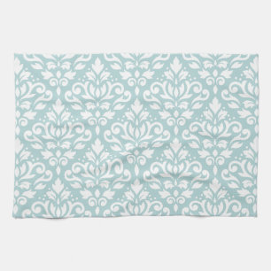 Scroll Damask Ptn White on Duck Egg Blue (B) Kitchen Towel