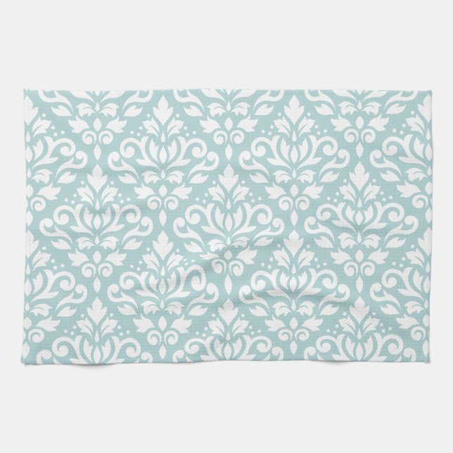 Scroll Damask Ptn White on Duck Egg Blue (B) Kitchen Towel (Horizontal)