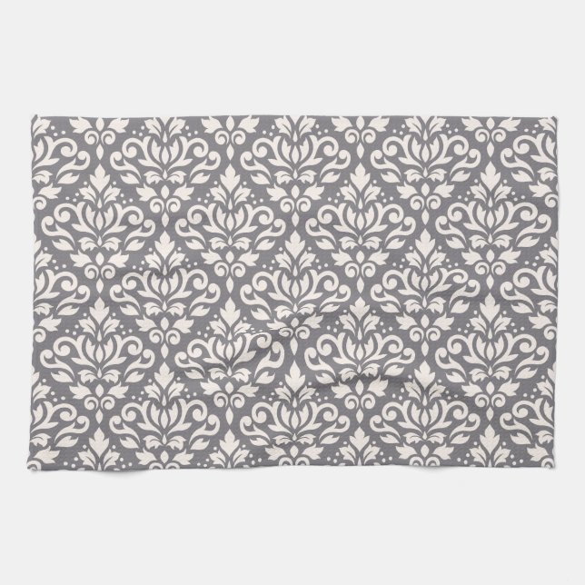 Scroll Damask Repeat Pattern Cream on Grey Kitchen Towel (Horizontal)