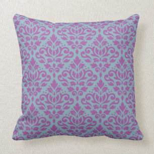 Scroll Damask Repeat Pattern Plum on Blue Throw Pillow