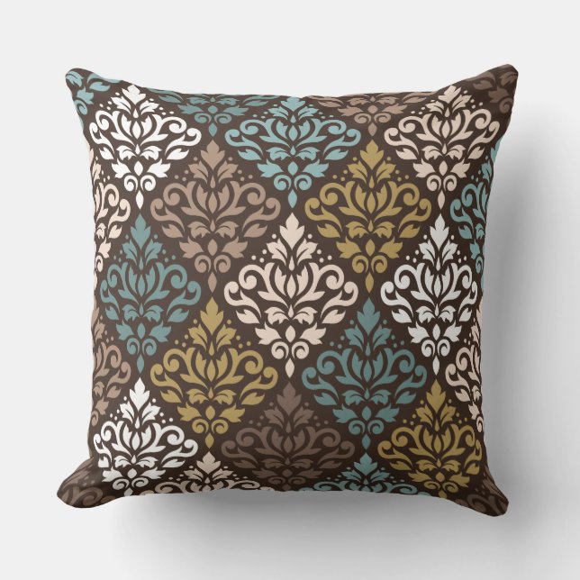 Scroll Damask Rpt Ptn Teals Browns Gold Crm White Throw Pillow (Front)