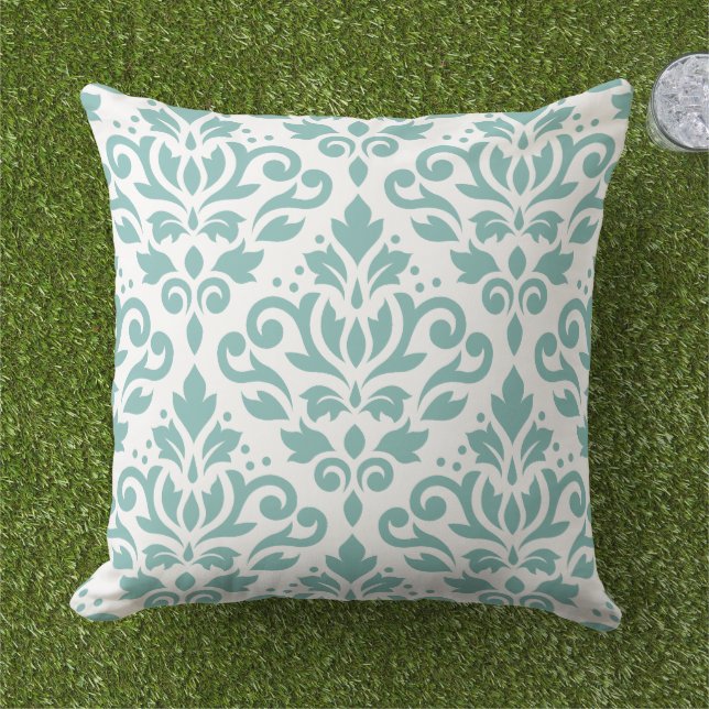 Scroll Damask Teal Large Pattern Outdoor Pillow (Grass)