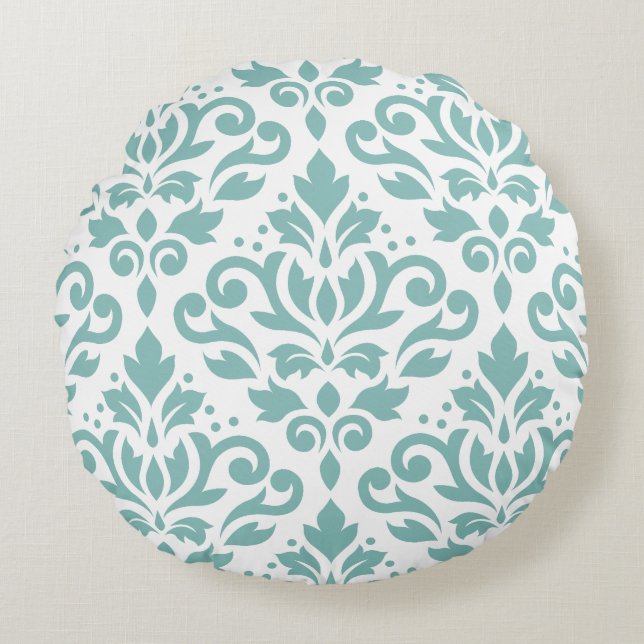 Scroll Damask Teal Large Pattern Round Pillow (Front)