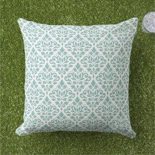Scroll Damask Teal Pattern Outdoor Pillow