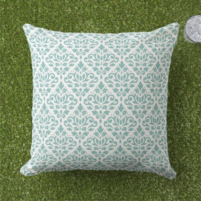 Scroll Damask Teal Pattern Outdoor Pillow (Grass)