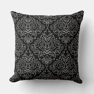 Scroll Damask White on Black Line Big Pattern Throw Pillow