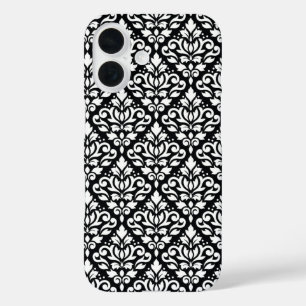Scroll Damask White on Black Pattern iPhone 16 Case
