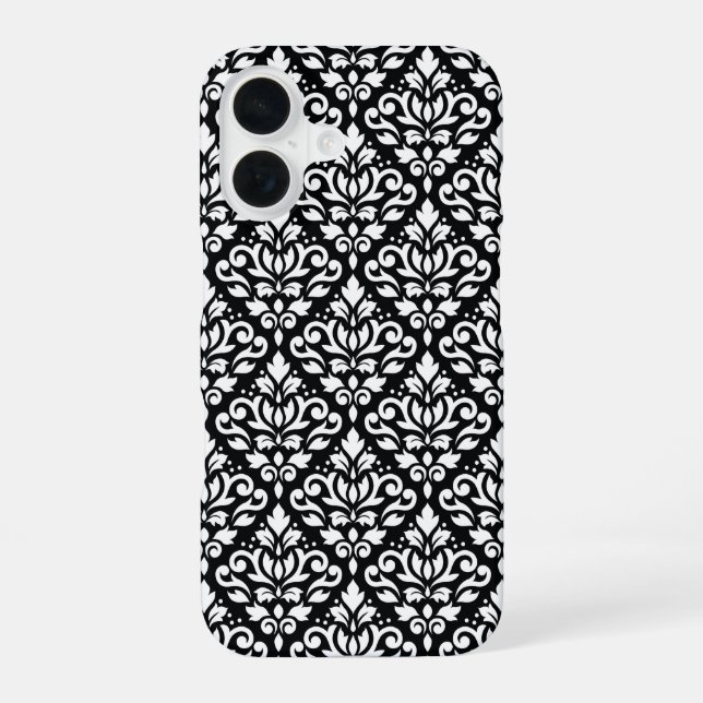 Scroll Damask White on Black Pattern iPhone 16 Case (Back)