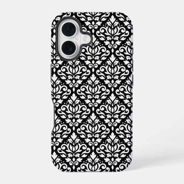 Scroll Damask White on Black Pattern iPhone 16 Case (Back)