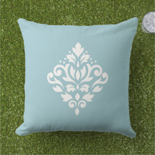 Scroll Damask White on Blue Outdoor Pillow