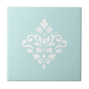 Scroll Damask White on Duck Egg Blue Tile