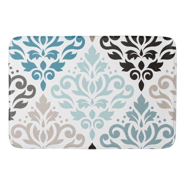 Scroll Damask XLg Pattern Art Teals Browns White Bath Mat (Front)