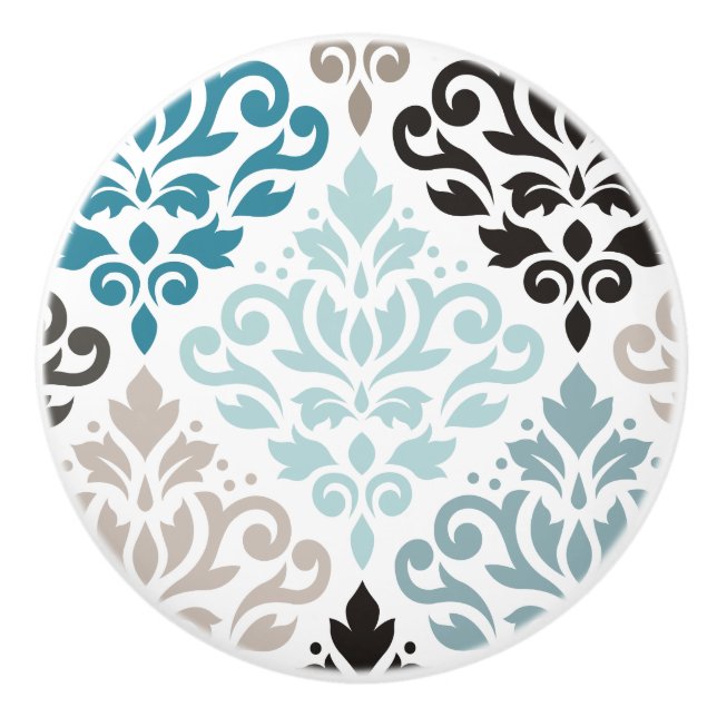 Scroll Damask XLg Pattern Art Teals Browns White Ceramic Knob (Front)