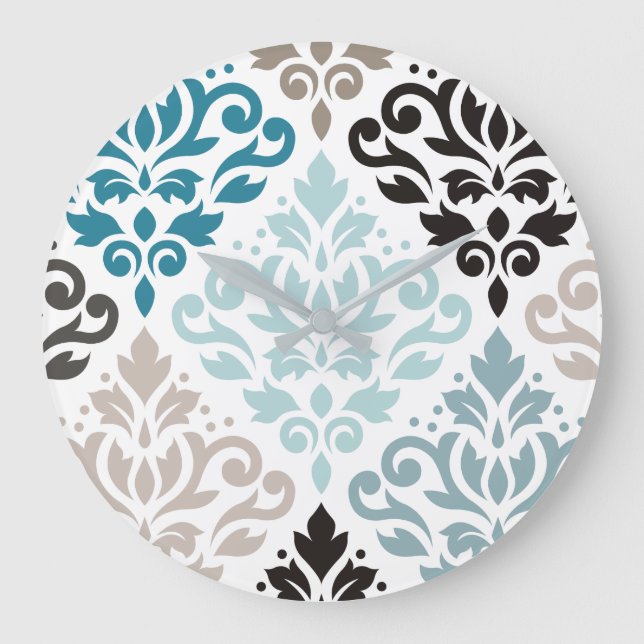Scroll Damask XLg Pattern Art Teals Browns White Large Clock (Front)