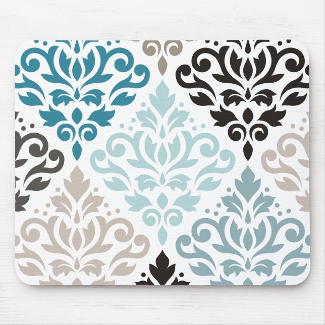 Scroll Damask XLg Pattern Art Teals Browns White Mouse Pad (Front)