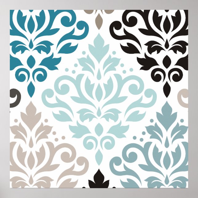 Scroll Damask XLg Pattern Art Teals Browns White Poster (Front)