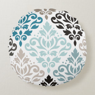 Scroll Damask XLg Pattern Art Teals Browns White Round Pillow