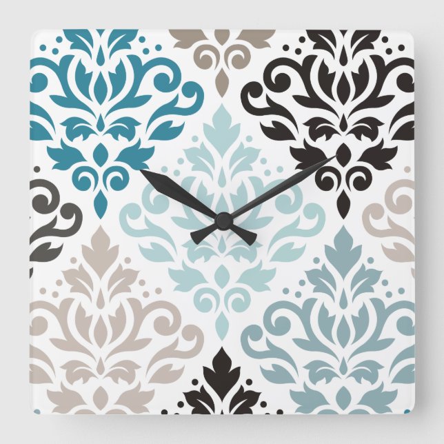 Scroll Damask XLg Pattern Art Teals Browns White Square Wall Clock (Front)
