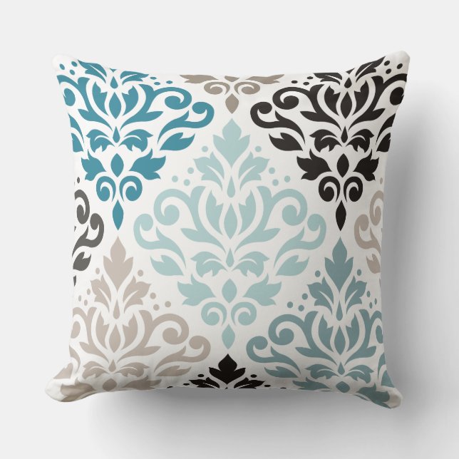 Scroll Damask XLg Pattern Art Teals Browns White Throw Pillow (Front)