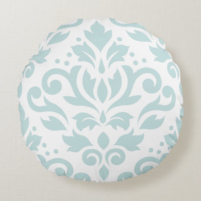 Scroll Damask XLg Ptn Lt Duck Egg Blue on White Round Pillow (Front)
