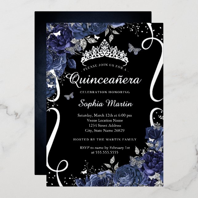 Scroll Floral Butterfly Black Navy Quinceanera (Front/Back)