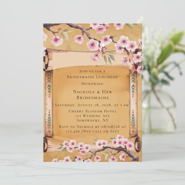 Scroll Japanese Cherry Blossom Bridesmaids Lunch Invitation (Standing Front)