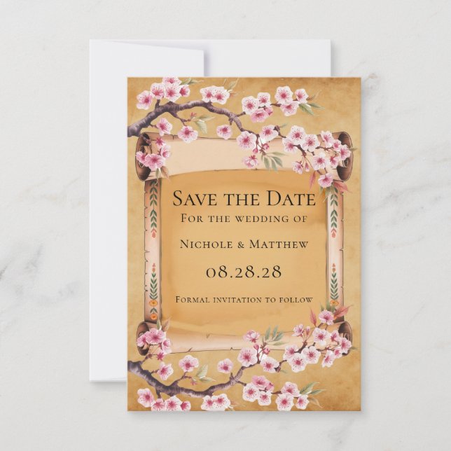Scroll Japanese Cherry Blossom Wedding Save The Date (Front)