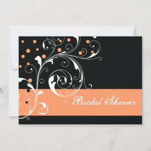 Scroll leaf black coral wedding bridal shower invitation