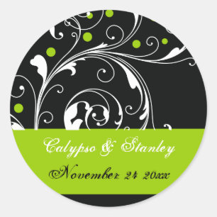 Scroll leaf black, green wedding Save the Date Classic Round Sticker