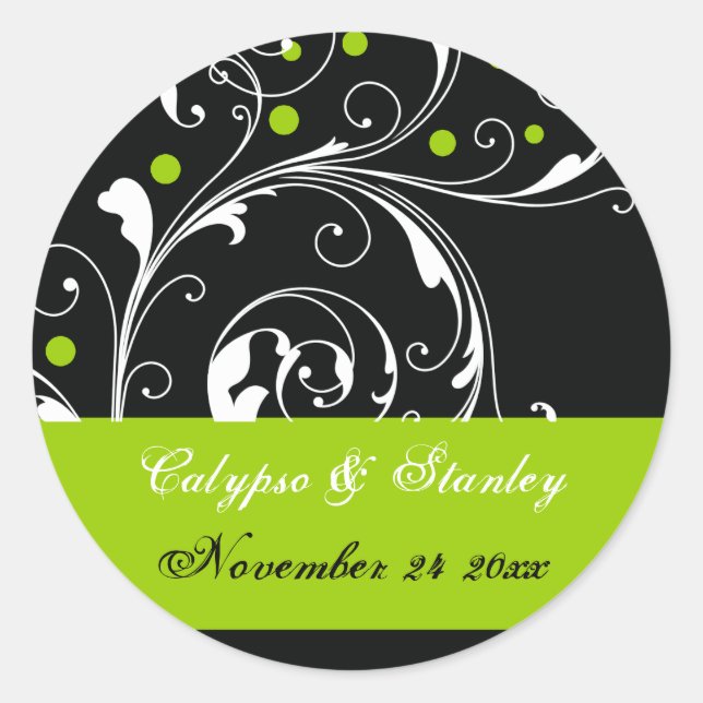 Scroll leaf black, green wedding Save the Date Classic Round Sticker (Front)