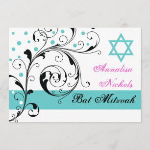 Scroll leaf black, white, aqua & Star of David Invitation