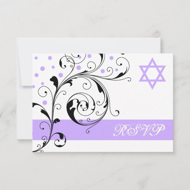Scroll leaf white purple & Star of David RSVP Card (Front)