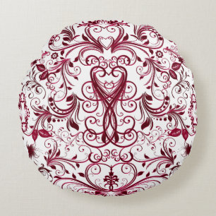 Scroll Work, Raspberry Red-Round Throw Pillow
