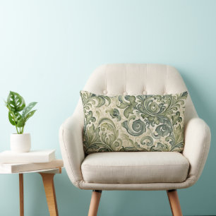 Scrolled Acanthus Sage and Teal Lumbar Pillow