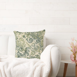 Scrolled Acanthus Sage and Teal Throw Pillow