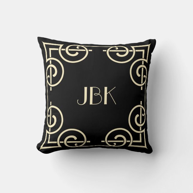 Scrolled Border, Monogram, Cream on Black Throw Pillow (Front)