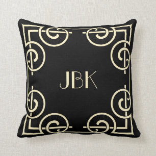 Scrolled Border, Monogram, Cream on Black Throw Pillow