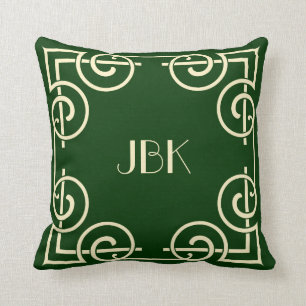 Scrolled Border Monogram Cream on Hunter Green Throw Pillow