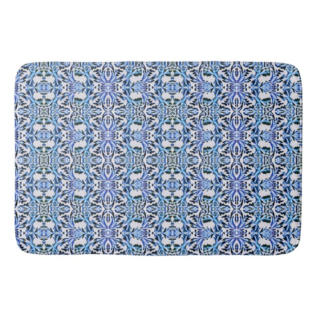 Scrolled-leaf Blue  Bath Mat (Front)