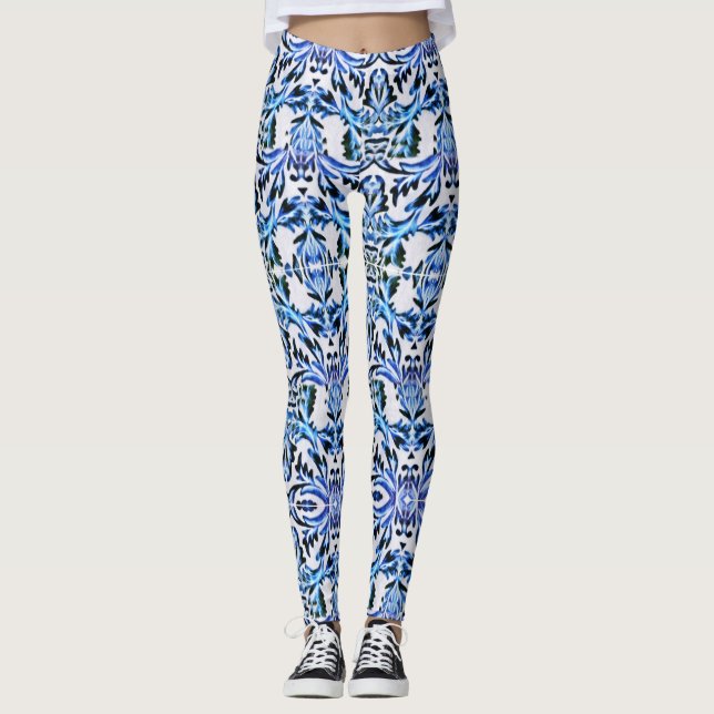 Scrolled Leaf Blue Leggings (Front)