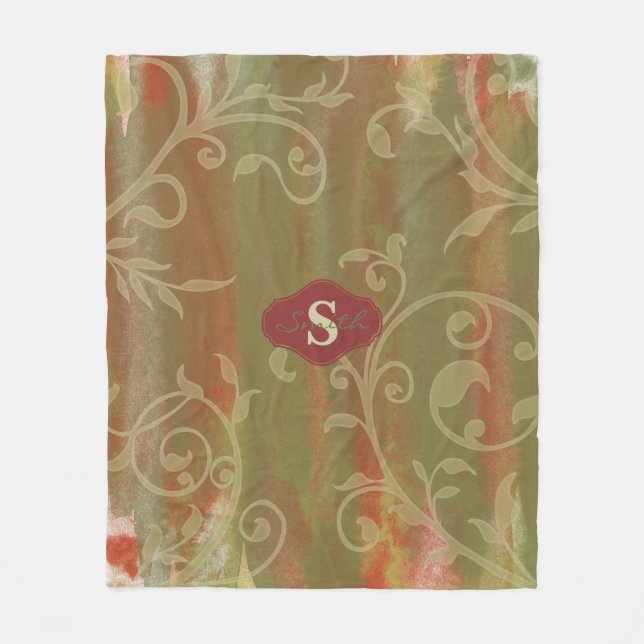 Scrolled Leaves Watercolor Monogram Fleece Blanket (Front)
