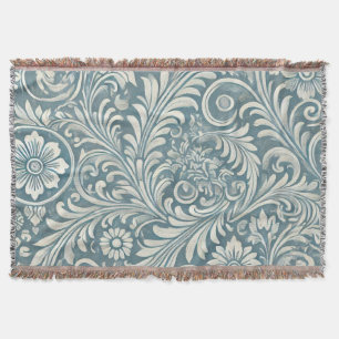 Scrolling Damask Pattern in Soft Blue and Ivory Throw Blanket