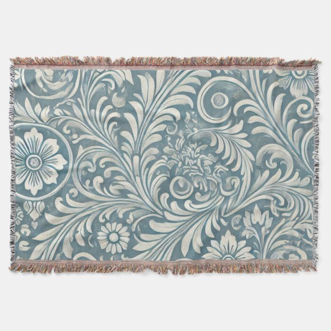 Scrolling Damask Pattern in Soft Blue and Ivory Throw Blanket (Front)